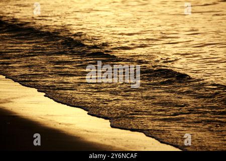 La luce del sole dorata si riflette su dolci onde che si infrangono su una spiaggia tranquilla. La tranquilla scena cattura la bellezza serena di un tramonto sull'oceano, invocato Foto Stock