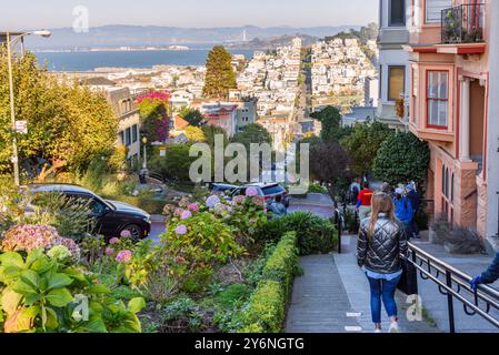 San Francisco, CA - 20 ottobre 2022: Persone e auto in Lombard Street in una giornata di sole. Foto Stock