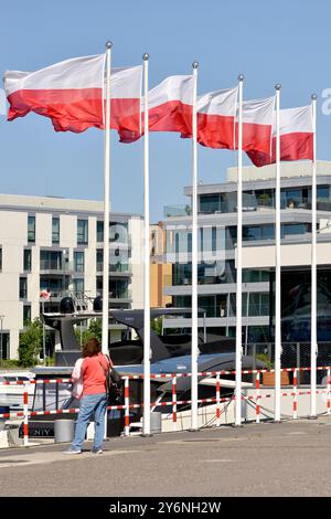 Bandiere nazionali polacche sventolano presso il porto turistico di Gdynia, Pomerania, Mar Baltico, Polonia Foto Stock