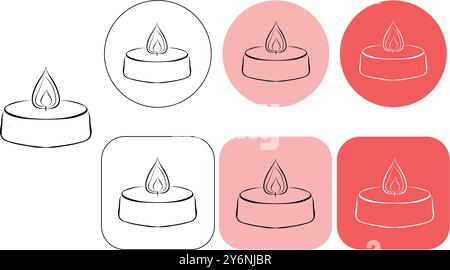 Set di candele minimalistiche a linea di aromi e spa con stelo con etichetta a foglie per il logo in vari disegni. Candela in una linea. Illustrazione Vettoriale