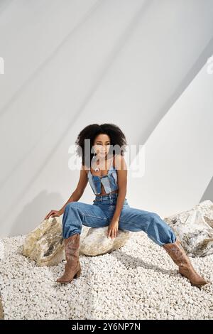 Una giovane donna trasuda fiducia in un abbigliamento alla moda seduto in un decor minimalista. Foto Stock