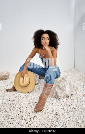 Una giovane donna alla moda con i capelli ricci si siede con cura sulle rocce in un ambiente moderno. Foto Stock