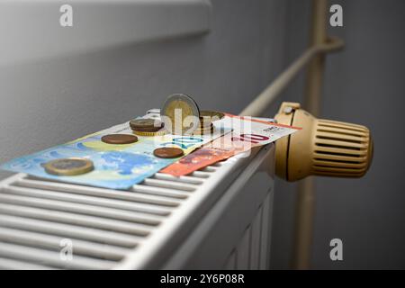 Le banconote e le monete in euro sono sedute su un radiatore, a dimostrazione del crescente costo del riscaldamento. Foto Stock
