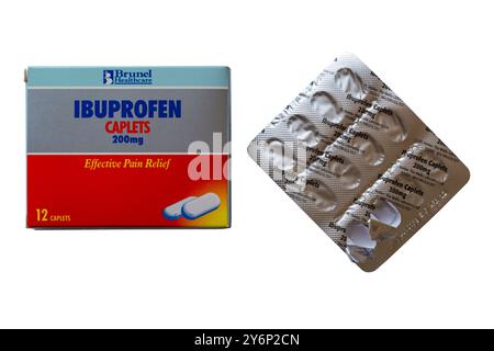 Scatola di capsule di ibuprofene 200mg di Brunel Healthcare efficace sollievo dal dolore con confezione blister rimossa isolata su sfondo bianco Foto Stock