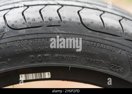 Bangkok, Tailandia - 15 agosto 2024: Primo piano sul logo Goodyear sulle gomme Foto Stock