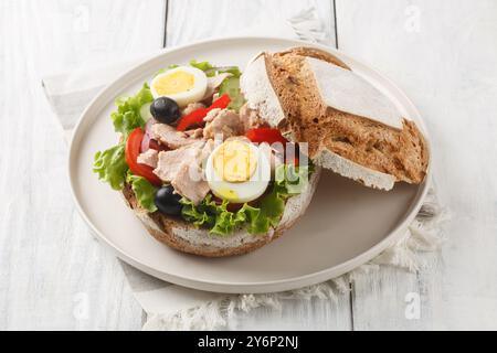 Panino francese Pan Bagnat con tonno, acciuga, uova, pomodoro, basilico e olio d'oliva, classico primo piano di Nizza sul piatto sul tavolo di legno. Horizonta Foto Stock