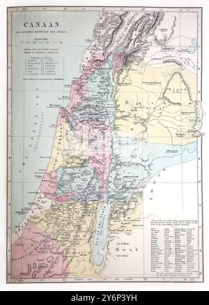 Illustrazione di una mappa di Canaan divisa tra le 12 tribù dell'Antica Bibbia completa della famiglia del XIX secolo (John Harrop Manchest Foto Stock