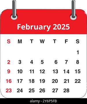 Febbraio 2025 pagina di calendario isolata su sfondo bianco Illustrazione Vettoriale