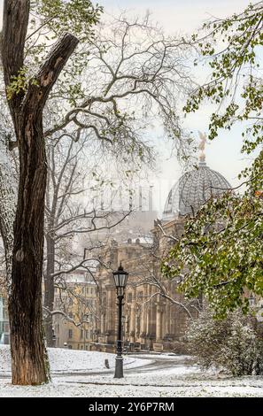 Mattina d'inverno nel parco del Terassenufer a Dresda, Sassonia, Germania Foto Stock