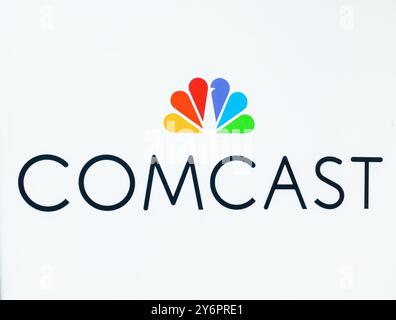 Insegna per il Comcast Center nel centro di Philadelphia, Pennsylvania Foto Stock