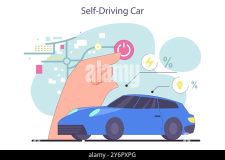 Auto a guida autonoma. Veicolo futuristico con sistema di guida automatica. Auto elettrica di controllo dell'intelligenza artificiale. Trasporto autonomo. Illustrazione vettoriale piatta Illustrazione Vettoriale