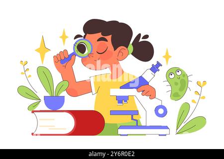 Torna a scuola. Bambini che fanno ricerche scolastiche. Bambina che studia biologia con un microscopio. Studio multidisciplinare, acquisizione di conoscenze accademiche. Illustrazione vettoriale piatta Illustrazione Vettoriale