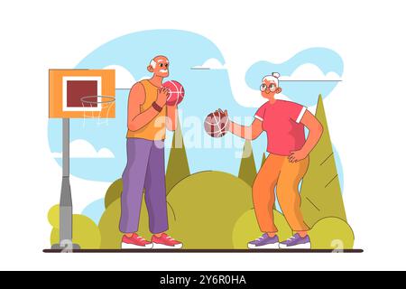 Stile di vita sano e attivo. Persone anziane che giocano a basket. I personaggi anziani in un abbigliamento sportivo giocano con una palla. Illustrazione vettoriale piatta. Illustrazione Vettoriale