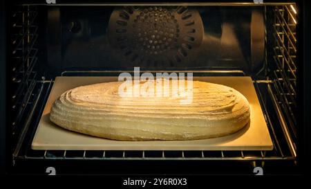 Impasto di pane ovale su una pietra da forno visto attraverso lo sportello del forno mentre cuoce. Timelapse 2 di una sequenza di 5 Foto Stock