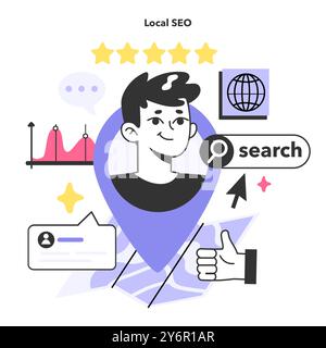 Ottimizzazione SEO locale. Strategia di ricerca locale che aiuta le piccole imprese a essere più visibili nei risultati di ricerca locali. Promozione browser. Illustrazione vettoriale piatta Illustrazione Vettoriale