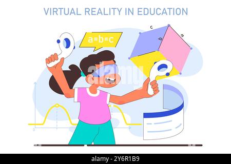 VR nell'educazione dei bambini. Una bambina di scuola che acquisisce conoscenza con l'aiuto dell'intelligenza artificiale. I bambini imparano la programmazione e l'ingegneria nel meta universo. Illustrazione del vettore piatto Illustrazione Vettoriale