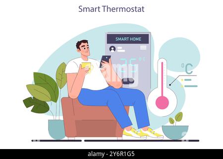 Termostato Smart Home. Pannello di gestione delle impostazioni uomo. Dispositivo di comando della climatizzazione basato sull'IA. Tecnologia IOT. Moderne tecnologie innovative remote. Illustrazione vettoriale piatta Illustrazione Vettoriale