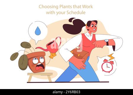 Consigli per la cura delle piante. Il personaggio non riesce a prendersi cura dei fiori in vaso a causa del programma affollato. Pianta in vaso secca e malsana. Cattiva cura, fallimento della coltivazione. Illustrazione vettoriale piatta Illustrazione Vettoriale