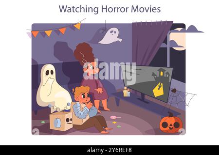 Festeggiamo Halloween. Bambini felici che indossano il costume per una festa con scherzi o dolcetti. Gruppo di amici che guardano film horror a casa. Spaventosa tradizione notturna. Illustrazione vettoriale piatta Illustrazione Vettoriale