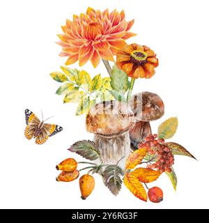 Illustrazione ad acquerello splendida composizione autunnale con bacche, fiori autunnali, funghi e insetti. Composizione autunnale disegnata a mano con piante, m Foto Stock