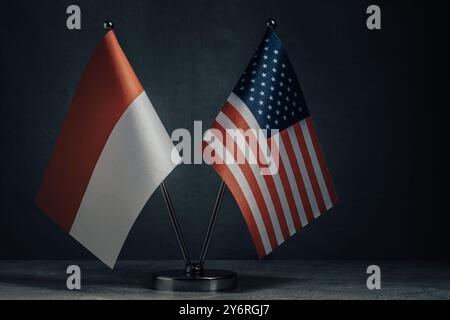 Bandiera degli Stati Uniti d'America e dell'Indonesia su sfondo scuro. Cooperazione tra due paesi Foto Stock