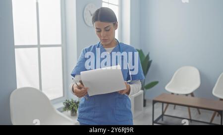 La giovane infermiera ispanica concentrata esamina le cartelle cliniche in una stanza clinica illuminata Foto Stock