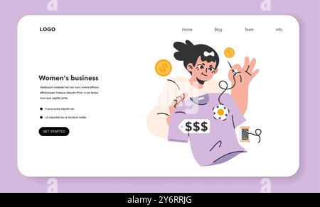 Stilista di moda donna o sarta banner Web o landing page. Giovane donna che cucisce o decora un capo di abbigliamento. Ricamo, hobby artigianale. Illustrazione vettoriale piatta Illustrazione Vettoriale