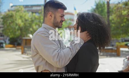 Coppia amorevole che abbraccia all'aperto in un parco cittadino soleggiato, mostrando un momento tenero tra un uomo e una donna. Foto Stock