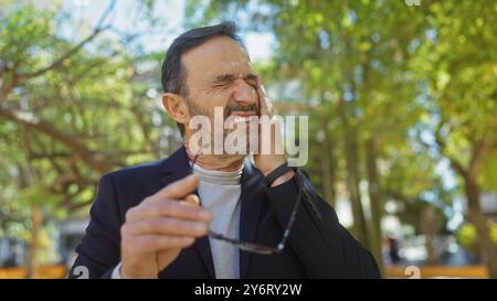 Un uomo di mezza età che esprime disagio tenendo gli occhiali in un parco all'aperto. Foto Stock