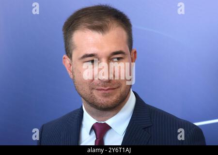 CHERNIHIV, UCRAINA - 24 SETTEMBRE 2024 - il sindaco di Chernihiv, Oleksandr Lomako, viene raffigurato durante una conferenza stampa, Chernihiv, Ucraina settentrionale Foto Stock