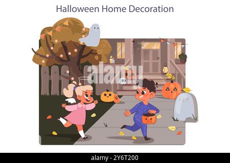 Festeggiamo Halloween. Bambini felici che indossano costumi. Amici a una festa con scherzi o dolcetti. Decorazioni di Carnevale e curvatura della zucca. Spaventose tradizioni notturne. Illustrazione vettoriale piatta Illustrazione Vettoriale