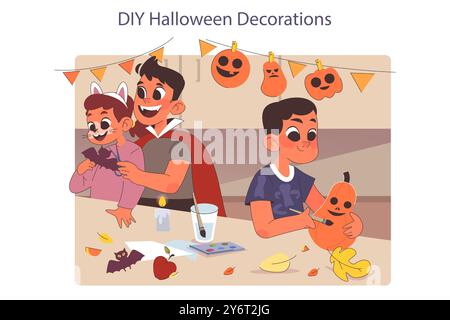 Festeggiamo Halloween. Bambini felici che indossano costumi. Amici a una festa con scherzi o dolcetti. Decorazioni di Carnevale e curvatura della zucca. Spaventose tradizioni notturne. Illustrazione vettoriale piatta Illustrazione Vettoriale