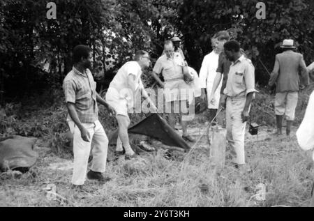 LAVORATORI DELLA CROCE ROSSA CHE ESAMINANO UNA TOMBA VICINO ALLA GIUNGLA A ELIZABETHVILLE 18 GENNAIO 1962 Foto Stock