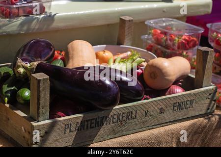 Aldeburgh, Suffolk, Inghilterra, giugno 2024, una selezione di verdura e frutta fresca viene messa in vendita Foto Stock
