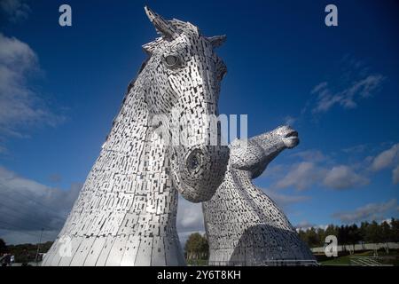Falkirk, Stirlingshire, Scozia, 15 settembre 2024, una veduta dei Kelpies. Foto Stock