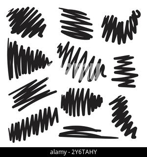 Semplice set di elementi disegnati a mano, zigzag, scarabocchi, strikethrough, linee curve. Segni e simboli per la progettazione Illustrazione Vettoriale