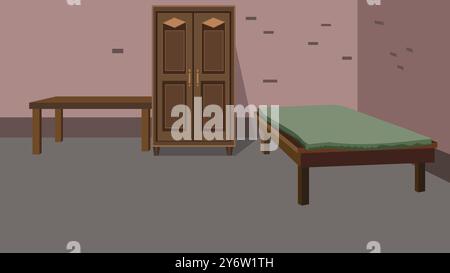 Gli agricoltori indiani asiatici poveri ospitano uno sfondo di cartoni animati 2d al coperto, interni della casa, interni della camera da letto, illustrazione vettoriale con mobili Illustrazione Vettoriale