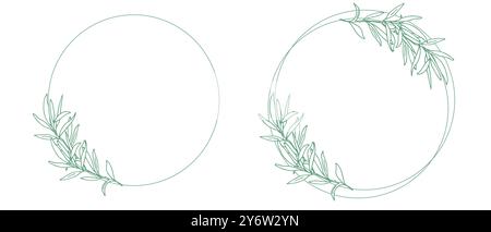 Set di cornici Olive Circle, ghirlande verdi con rami di ulivo, vegetazione isolata su sfondo bianco. Per cancelleria di matrimonio, inviti, Salva la data Illustrazione Vettoriale