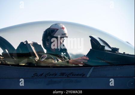 Il capitano Nicholas "Happy" Reisch, 480th Fighter Squadron "Warhawks" pilota di F-16 Fighting Falcon, esegue controlli post-volo prima del Sanicole International Airshow 2024 presso Kleine-Brogel Air base, Belgio, 20 settembre 2024. Lo Squadron, assegnato al 52nd Fighter Wing presso la Spangdahlem Air base, prestò alla squadra due jet per tutta la durata dello show. (Foto U.S. Air Force di Senior Airman Meghan Hutton) Foto Stock