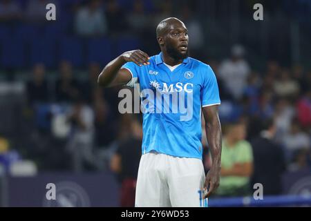 Napoli, Italia. 26 settembre 2024. Romelu Lukaku della SSC Napoli gesti durante la partita di Coppa Italia tra SSC Napoli e Palermo FC allo stadio Diego Armando Maradona di Napoli (Italia), 26 settembre 2024. Crediti: Insidefoto di andrea staccioli/Alamy Live News Foto Stock