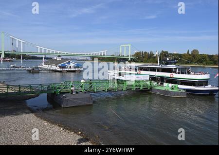 DAS Ausflugsschiff Rheinperle von KölnTourist kommt zum Anleger. Dahinter Hausboot am Rhein. Bootshaus Albatros ein Fest vor Anker liegendes Schiff, Das Boothaus beherbergt ein schwimdes Lokal und die Rodenkirchener Brücke *** la barca per escursioni KölnTourist Rheinperle arriva al molo dietro la casa galleggiante sul Reno Bootshaus Albatros una nave ormeggiata all'ancora, la casa galleggiante ospita un ristorante galleggiante e il ponte di Rodenkirchen Foto Stock