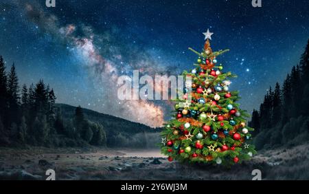 Albero di Natale decorato in natura sotto il cielo stellato. Un mix di fantasia di ornamenti festivi in un paesaggio da sogno con la via Lattea Foto Stock