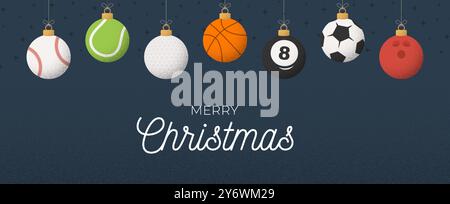 Biglietto d'auguri natalizio sportivo. Cartolina di Natale con baseball, basket, football, tennis, golf, calcio, pallavolo, bowling, palline da biliardo han Illustrazione Vettoriale