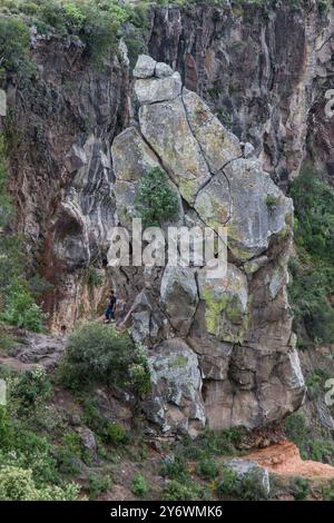 Grande roccia nella foresta con una vista fantastica. Peña del Aire, Huasca de Ocampo, Hidalgo, Messico. Foto Stock