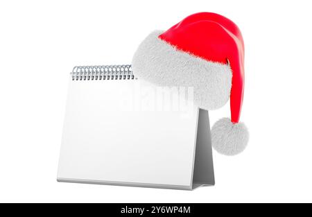 Modello di calendario da scrivania vuoto con cappello di Natale rosso di Babbo Natale, rendering 3D isolato su sfondo bianco Foto Stock