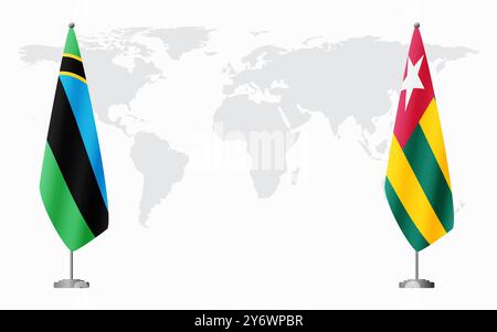 Bandiere di Zanzibar e Togo per l'incontro ufficiale sullo sfondo della mappa del mondo. Illustrazione Vettoriale