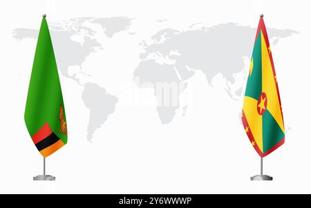 Bandiere dello Zambia e Grenada per l'incontro ufficiale sullo sfondo della mappa del mondo. Illustrazione Vettoriale