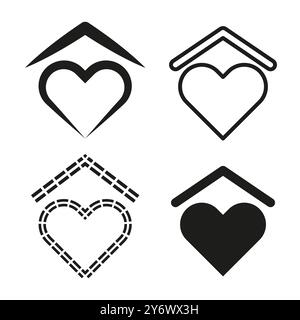 Icone cuore sotto il tetto. Quattro varianti di simboli cardiaci domestici. Concetto minimalista di amore e riparo. Set di icone vettoriali. Illustrazione Vettoriale