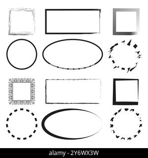 Icone decorative della cornice. Simboli di bordo astratti. Forme ovali, circolari, quadrate. Contorni geometrici vettoriali. Illustrazione Vettoriale