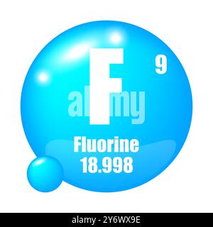 Icona elemento fluoro. Numero atomico 9. Massa atomica 18.998. Forma sferica blu. Illustrazione Vettoriale